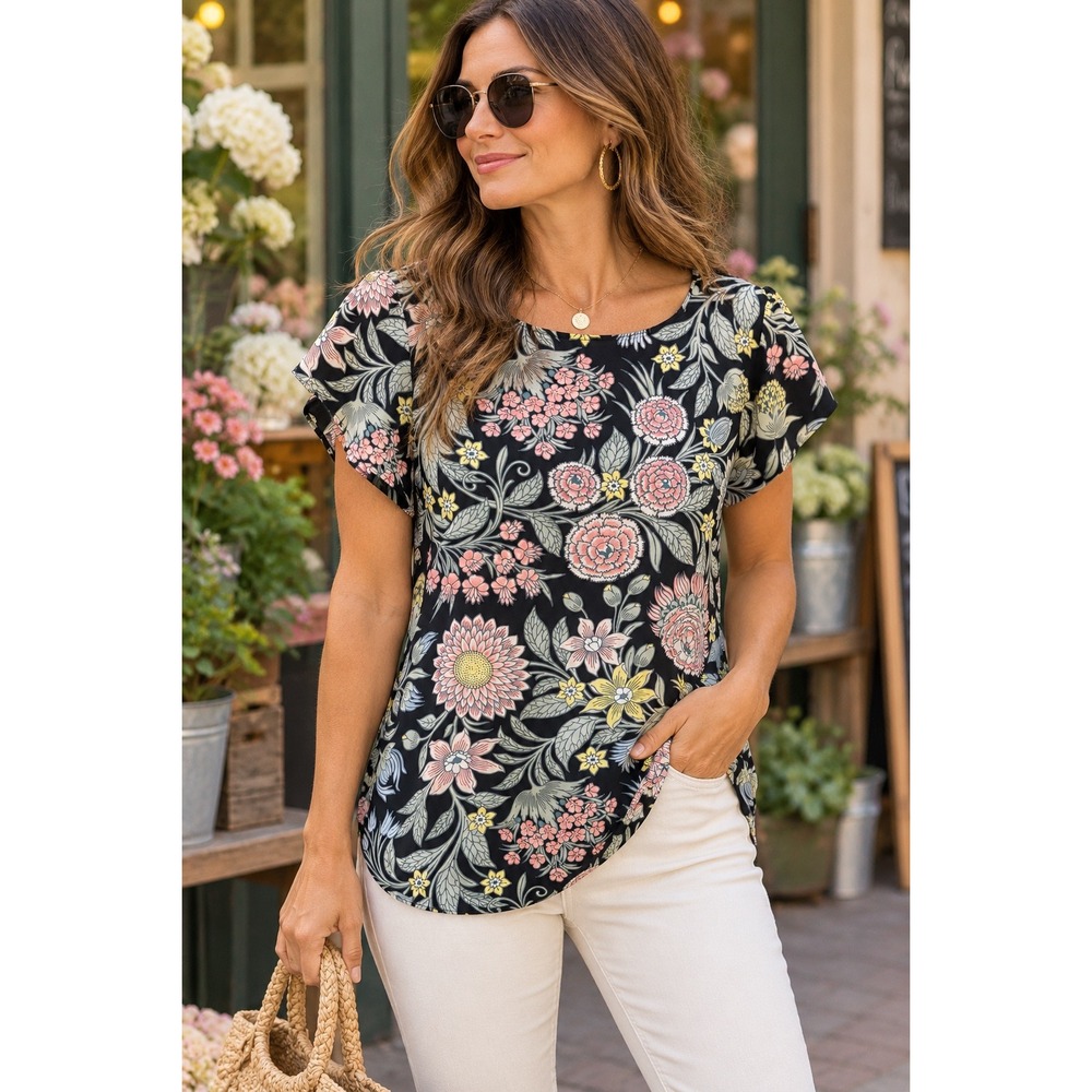 LOFT Womens Black Floral Flutter Sleeve Button Back Blouse Top Medium